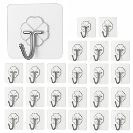 24 Pack Heavy Duty Self Adhesive Hooks - 33lb Max, Transparent, Waterproof, Sticky Wall Hooks for Keys, Bathroom, Shower, Outdoor, Kitchen, Door, Home Improvement, Utility, Stainless Steel