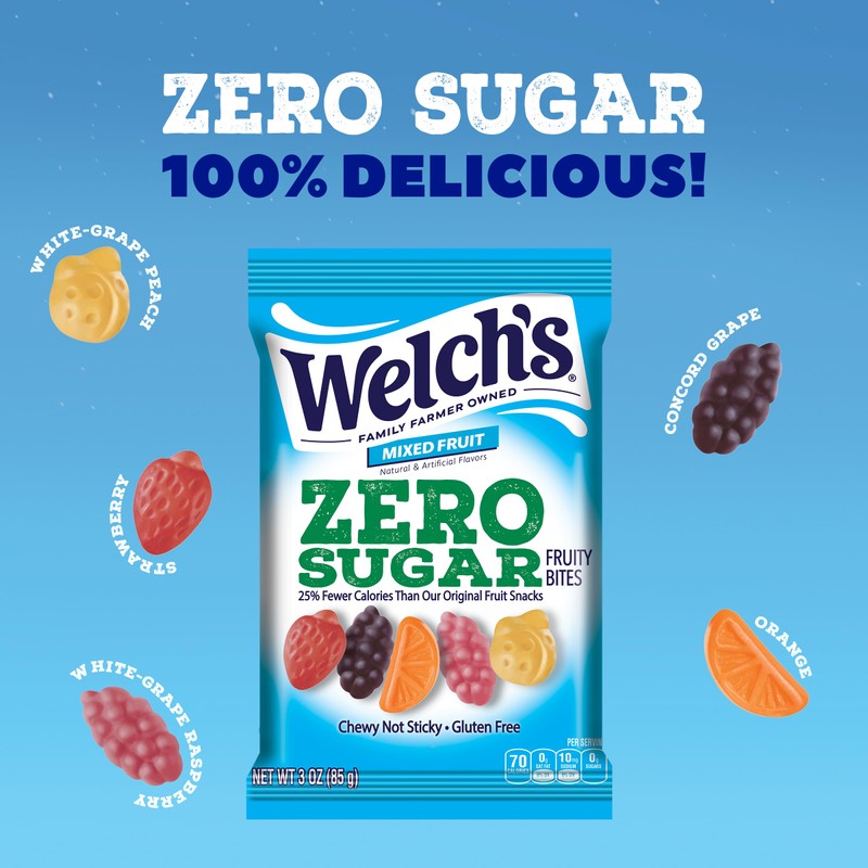Welch's Zero Sugar Fruity Bites, Mixed Fruit Snack Pack, Gluten