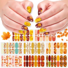DANNEASY 8 Sheets Fall Nail Polish Stickers Full Nail Wraps for Women Self Adhesive Nail Polish Strips Gel Nail Strips Maple Leaf Fingernail Nails Design with Nail File, Cuticle Stick