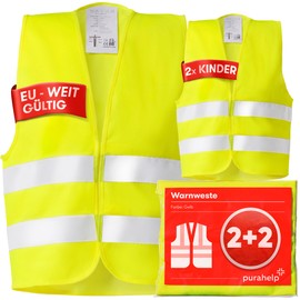 PURAHELP High Visibility Vests Car Set of 4 – 2 x Adults + 2 x Children – Valid throughout Europe according to EN ISO 20471 – Reflective Safety Vest Car Safety Vest Yellow – High Visibility Vest