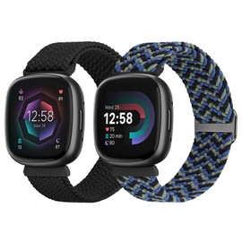 SHIJZWD Elastic Braided StrapCompatiblewithFitbit Versa 2 Pack Sport Nylon BandAdjustable Stretchy Replacement WristbandforFitbit Versa 3Versa 4Sense 2Sense Women Men Black+Camouflage Blue