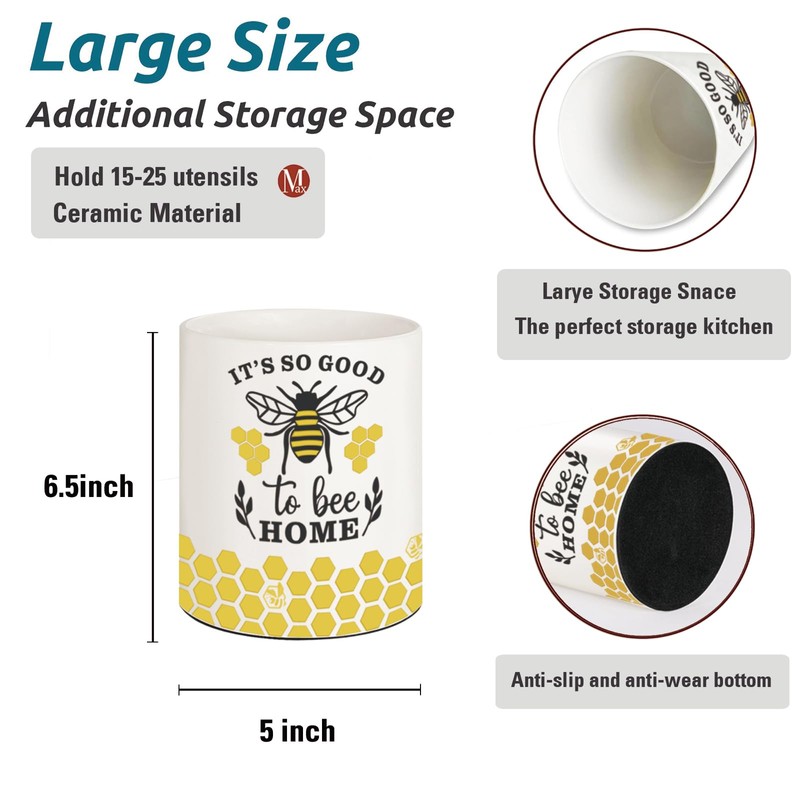BOXJINCO Bee Kitchen Decor, 6.5inch Ceramic Utensil Holder with Bee