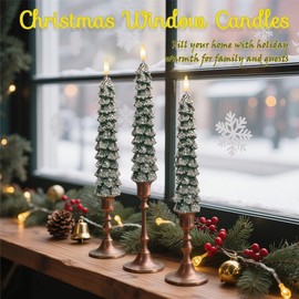 Christmas Tree Flameless Taper Candles with Remote 3 Packs, Battery Operated Real Wax LED Candlesticks with 3D Flickering Flame, Perfect for Holiday, Christmas and Home Decor, Green with Snowflake