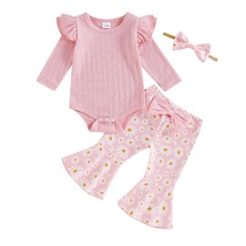 Siyova Newborn Baby Girl 3 Piece Outfits Long Sleeve Ribbed Romper+Daisy Flare Pants+Bow Headband Toddler Girl Fall Clothes Sets (Pink, 3-6 Months)