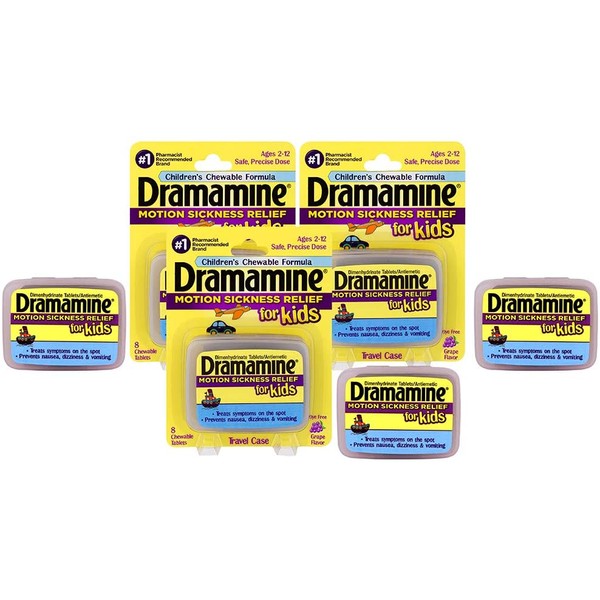 Dramamine Motion Sickness Relief for Kids, Chewable Grape, 8 Count, pack of 3