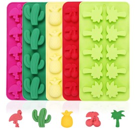 Fewo 5 Pack Hawaiian Tropical Themed Ice Cube Tray Summer Silicone Molds for Chocolate Candy Gummy Fruit Snack Fat Bomb Jello Mini Soap Crayon Melt (Cactus Pineapple Flamingo Coconut Tree Cherry)