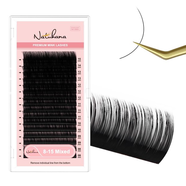 Natuhana Round Eyelash Extensions, 0.10 mm, C Curl, 8-15 mm,