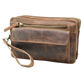 Frédéric Johns Men's Leather Wrist Bag - Handbag, Leather Men's Handbag, Double Chamber, Brown, brown