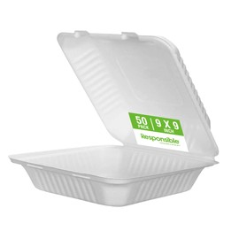 Responsible Products 9 inch Hinged Containers, Tree-Less™ Compostable Molded Fiber Takeout Containers, Extra Strength, Tree-Free and Made Without PFAS, White (50 Count)