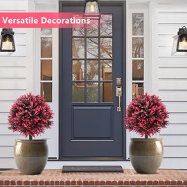 28" Set of 2 Artificial Boxwood Topiary Ball Bush for Outdoor with Ground Spike, UV Resistant Faux Greenery Shrubs, Fake Rose&Green Boxwood Plants for Garden, Yard, Porch, Patio Decor