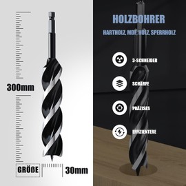 30 x 300 mm Wood Auger Drill Bit for Softwood, Hardwood with Centre Point and E 9.5 Shank