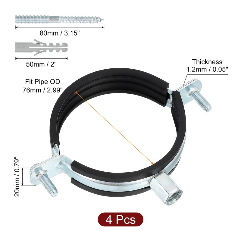 sourcing map 4 Pcs Adjustable Pipe Bracket Clamp, 3"(76mm) Wall