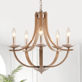 Avzkcy Farmhouse Candle Chandelier, 21 Inches Faux-Wood Grain Pendant Lighting Fixtures 5-Light Height Adjustable Hanging Ceiling Light for Dining Room Kitchen Island Bedroom Living Room