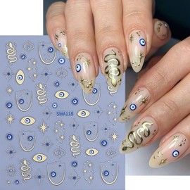 2 Sheets Star Evil Eye Nail Stickers for Nail Art, 3D Self-Adhesive Nail Decals Gold Star Snake Summer French Nail Supplies Nail Art Design Accessories for Women and Girls Manicure DIY Decoration