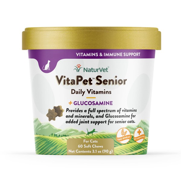 NaturVet VitaPet Senior Daily Vitamins for Cats Plus Glucosamine, Specifically Formulated to Provide Essential Minerals, 90 g, 60 Count