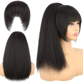 Allyreetress Ponytail with Bangs for Black Women ，Yaki Drawstring Ponytail Extension， Clip-in Bangs, Natural-Looking Ponytail Wig for Daily & Party(Black Brown)