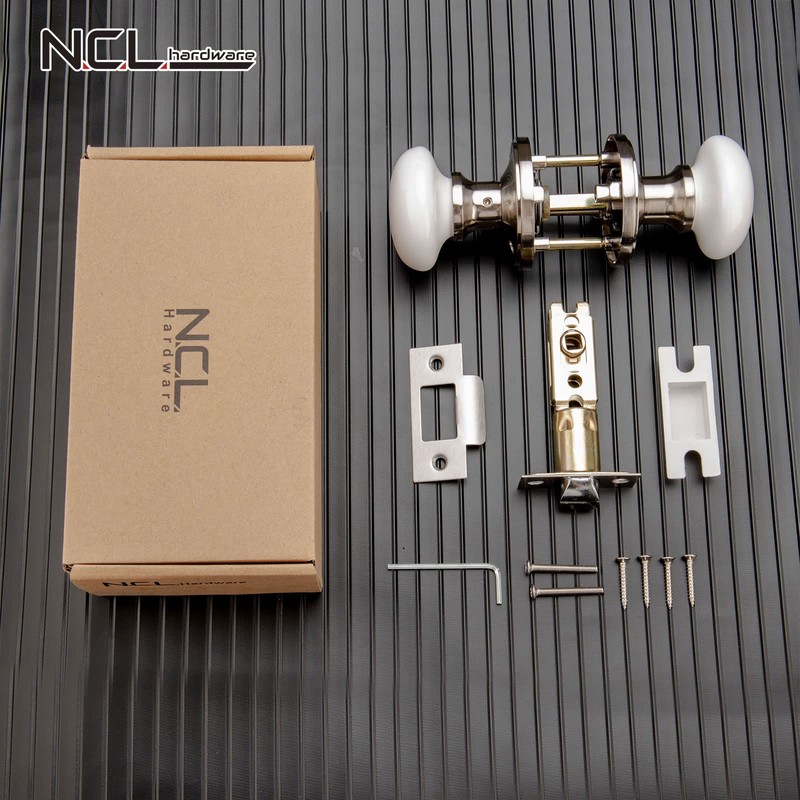 NCL White Door Knobs, Satin Nickel Keyless Door Handles, Porcelain