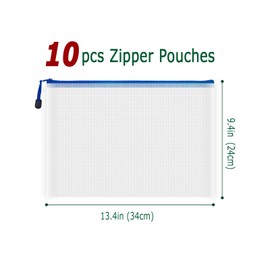 COWORK-UP 10PCS A4 Plastic Zip Wallets Board Game Storage Zip Bags Home Travel Organiser, A4 Document Folders Mesh Zipper Pouch Bags for Office School Supplies