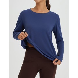 baleaf Women's Long Sleeve Workout Tops Athletic Shirts Split Back Running Gym Quick Dry Sun Protection UPF 50+ Navy Blue M