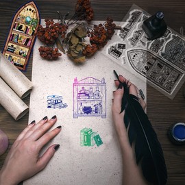 GLOBLELAND 4 Sheets Magic Divination Clear Stamps for Card Making Retro Ticket Gothic Bookshelf Books Train Silicone Clear Stamp Seals Vintage Postmark Transparent Stamps for DIY Scrapbooking