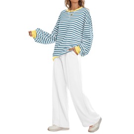 Kikibell Womens Lounge Set Fall Clothes for Women Cute Sweatshirts Oversized Sweatpants Blue White XL