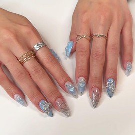 Valentines Day Blue Press on Nails Medium Almond Fake Nails with Heart Rhinestone & Star Designs Glitter Press on Nails Full Cover Glossy Stick on Nails Valentine’s Day Nails Press ones for Women