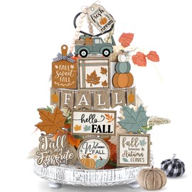 DoubleFill 21 Pcs Fall Tiered Tray Decoration Set Thanksgiving Table Sign Pumpkins Farmhouse Decor Gnome Maple Leaves Centerpieces Harvest Wood Blocks Signs Fall Block Tabletop for Autumn(Classic)