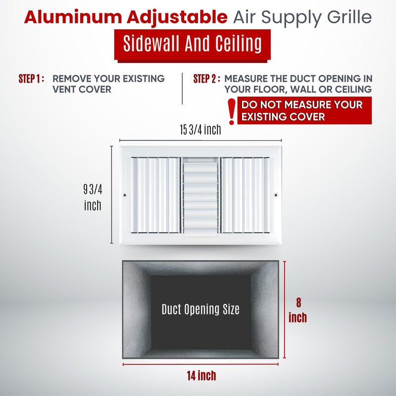 Fits 14x8 Duct Opening Aluminum 3-Way Adjustable Air Supply Grille