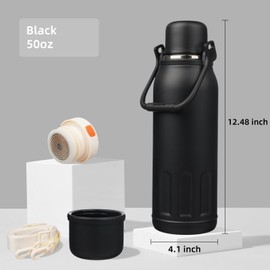 Insulated Water Bottle with Handle and Strap,Vacuum Travel Tumbler with Cup Lid,Thermo Coffee Cup for Hot Cold Drinks 50 OZ,Black