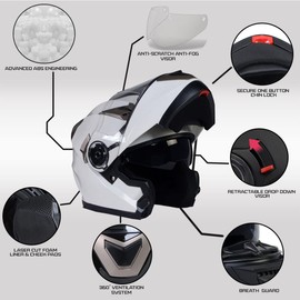 Milwaukee Helmets MPH9807DOT Ionized Gloss White Advanced Motorcycle Modular Helmet Biker w/Drop Down Visor - Small