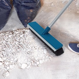 16-Inch Push Broom Outdoor with Rubber Squeegee and 58" Long Handle, 2 in 1 Commercial Broom Brush with Stiff Bristles for Deck Patio Garage Concrete Floor Cleaning Scrubbing