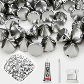 Yhsheen Silver Sewing Spikes for Crafts,300 PCS Stude for Clothing &1000PCS Resin Rhinestone with Glue Needle Thread Kit Flatback Plastic Spike Stud for Holloween Party Decoration Costume DIY Crafts