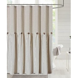 DOSLY IDÉES Linen Button Farmhouse Beige Shower Curtain,Linen and Cotton Woven Fabric,Pleated Black Stripe,Country Style,72x72 in