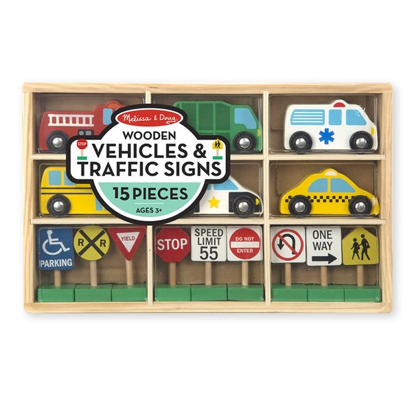 Melissa & Doug Wooden Vehicles and Traffic Signs With 6 Cars and 9 Signs