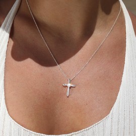 KRKC&CO Moissanite Cross Necklace for Women: 0.09-0.3ct D-Colour VVS1, 925 Vermeil Sterling Silver, Soft Delicate Cross Pendant, Luxury Gift for Birthday/Wedding, Gift Box with Handles, Sterling