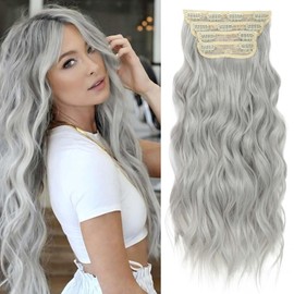 20 Inches Silver Gray Clip in Hair Extensions 4PCS Grey Thick Hairpieces long Wavy Clip in Hair Extensions Double Weft Long Hairpieces Full Head For Women (20 INCH, 60#)