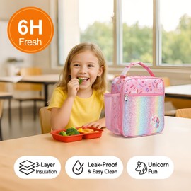 Bagseri Kids Lunch Box Girls - Insulated Kids Lunch Bag for Girls Portable Reusable Toddler Lunch Cooler Bag for School, Water-resistant Lining（Glitter Unicorn,Pink）