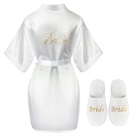 Bride Dressing Gown and Bride Slippers Bridal Bridesmaid Short White Satin Bridal Robe Slippers for Women Girls, White, Gold