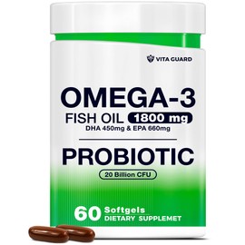 Omega-3 Fish Oil with Probiotics – 1800mg EPA & DHA for Heart, Brain & Gut Support – 20 Billion CFU, Inulin Fiber, Lemon-Flavored Burpless Softgels
