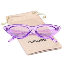 GIFIORE Retro Vintage Cat Eye Sunglasses for Women Trendy Narrow Cateye Frame Sun Glasses (Purple Frame Purple Lens with Glitter)