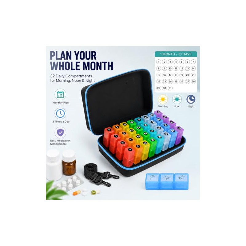 Monthly Pill Box Organiser 3 Times a Day with Hard