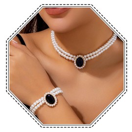 Brishow Pearl Choker Jewelry Set Crystal Wedding Earrings Bracelet Set Bridal Pearl Necklace for Women (Pack of 3) (2 Layered, Red)