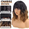 Ombre Brown Short Wavy Wigs with Bangs for Women Natural