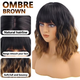 Ombre Brown Short Wavy Wigs with Bangs for Women Natural Looking Curly Bob Wig Shoulder Length Water Wave Wig Heat Resistant Synthetic Wig for Daily Party Use