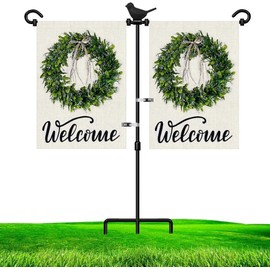 LAIRIES Garden Flag Stand Holder for Double Flags with Bird Garden Flag Stopper and Anti-Wind Clip 37’’H x 30’’W Black Wrought Iron Yard Season Flag Pole for 2 Flags Outdoor