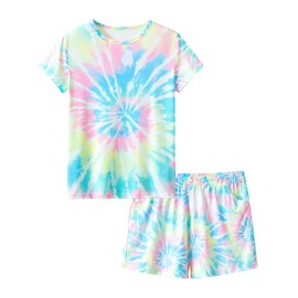 Topgal Little & Big Girls Tie Dye Rainbow Swirl Pajamas Tee & Shorts 2-Piece Sleepwear Set Cute Jammies Size 12