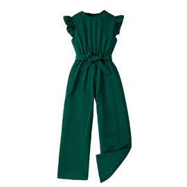 Floerns Girl's Casual Jumpsuit One Piece Outfit Cap Sleeve Belt Crew Neck Long Pants Rompers Dark Green 11-12Y