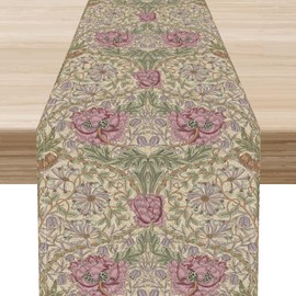 William Morris Table Runner, Retro Vintage Boho Flower Pink Floral Bohemian Botanial Print Coffee Table Center Decor for Home Kitchen Dining Patio Party Indoor Outdoor Table Decorations, 13"x90" Inch