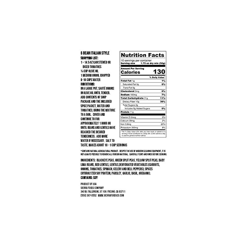 Sierra Soups 6 Bean Italian Style Soup 17.5 ounce bags