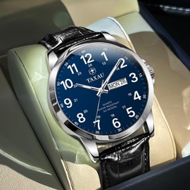 Taxau Mens Analog Watches Black Leather Band Luxury Dress Waterproof Watches for Men Classic Chronograph Watch Analog Quartz Men's Wrist Watch with Day Date & Blue Dial